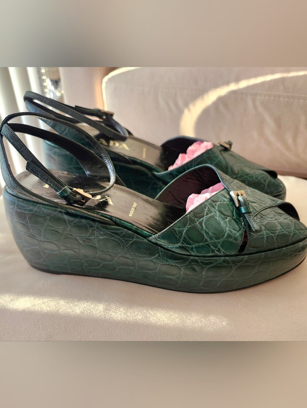 Prada Emerald Green Croc-Embossed Peep-Toe Slingback Heels